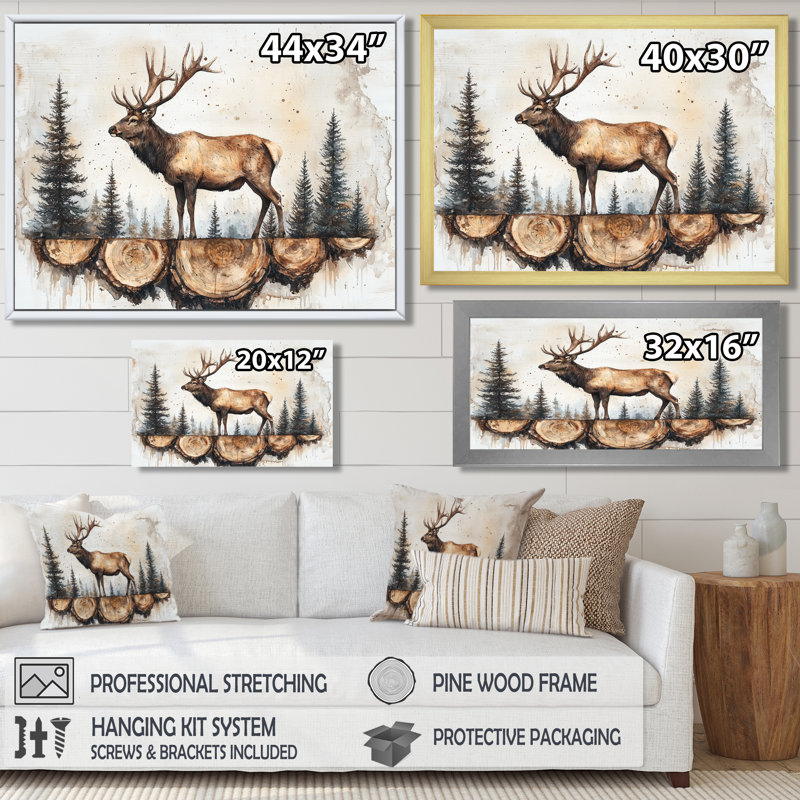 «Deer In Wooden Forest Landscape II - Deer», art mural, H 34 po x l 44 po, Noir, Cadre flottant