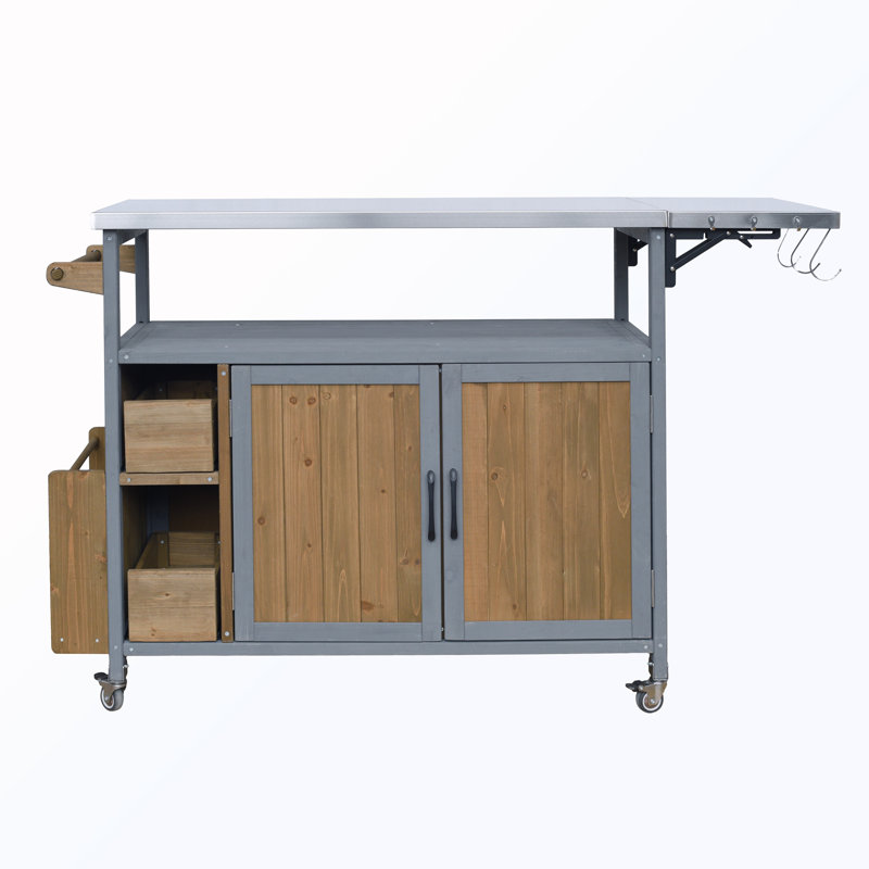 Îlot de cuisine extérieur en acier inoxydable avec support à épices et porte-serviettes, Gris / Brun