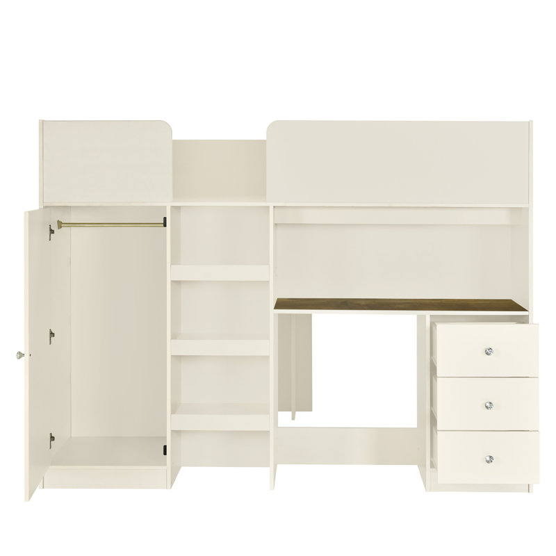 Wood Full Size Loft Bed with Wardrobe, Desk, Storage Shelves and Drawers for Kids, Teens, or Adults, Beige