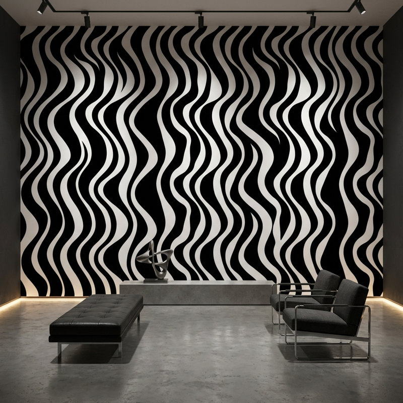 Papier peint abstrait noir et blanc Wavy, 120 po x 96 po, Peler et coller