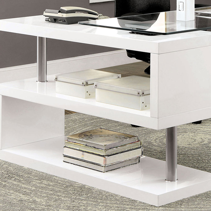 L-Shaped Glass Top Writing Desk, White