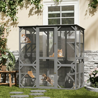 Grande cage à chat en bois pour l'extérieur - Catio avec 4 plateformes, 2 boîtes de repos, hamac, grattoir, toit en asphalte imperméable et fenêtre - Maison résistante aux intempéries pour 2 à 4 chats, gris, 173 x 92,4 x 177 cm