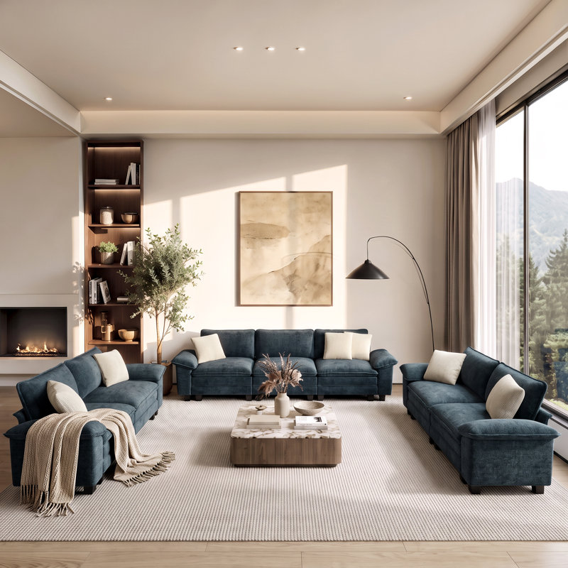 Ensemble de salon rembourré 3 pièces avec causeuse et canapé - canapé modulaire surdimensionné en chenille