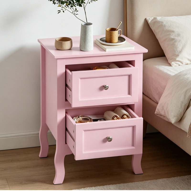 Wood 2-Drawer Bedside Table with Curved Legs, Pastoral Style Nightstand for Bedroom – Macaron Pink Finish