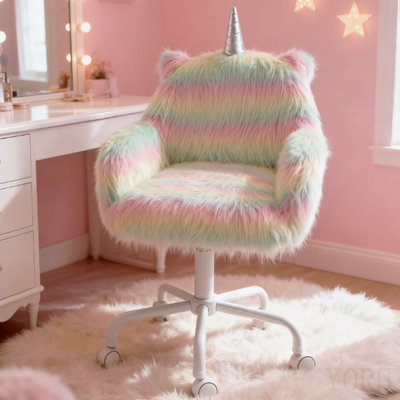Chaise de bureau Rainbow Fuzzy Unicorn, chaise de bureau moelleuse avec base pivotante, fantaisiste et confortable pour la salle de jeux et le bureau