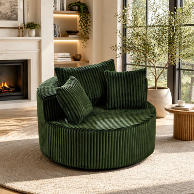 Fauteuil pivotant rond surdimensionné avec revêtement moelleux et coussins décoratifs assortis, fauteuil d'appoint