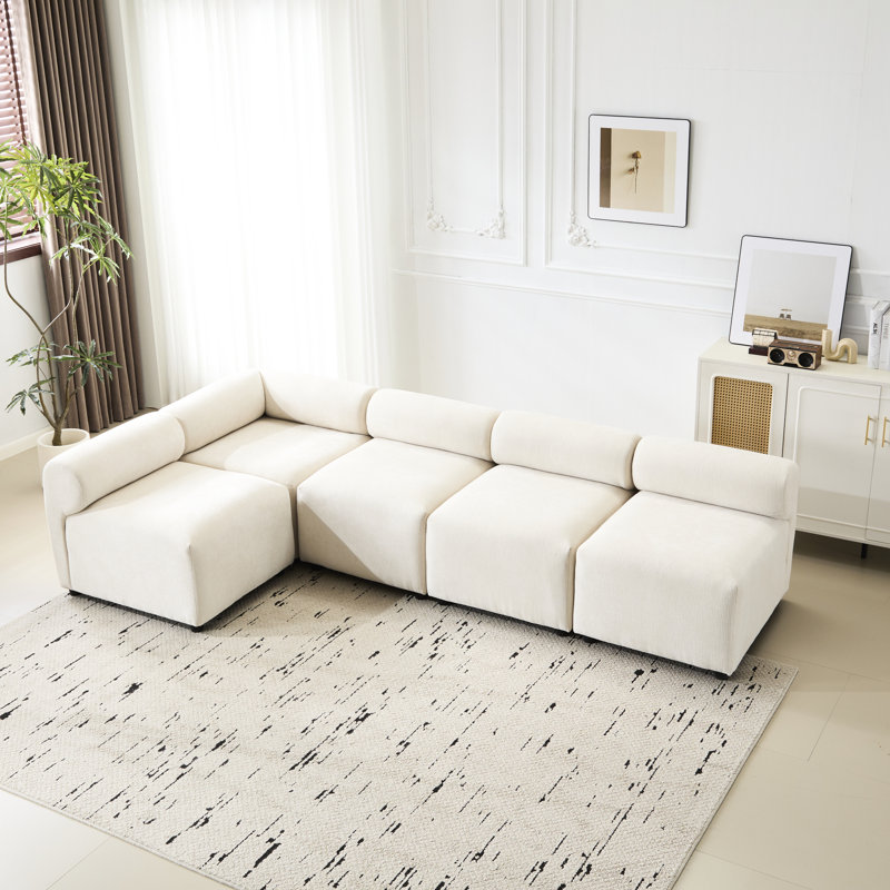 109 po, forme de L, 5, combinaison, modulaire, caractéristiques principales, beige, tissu, 4 sièges, structure en bois massif, structure à ressorts sinueux, rembourrage en mousse à haute résilience intérieure