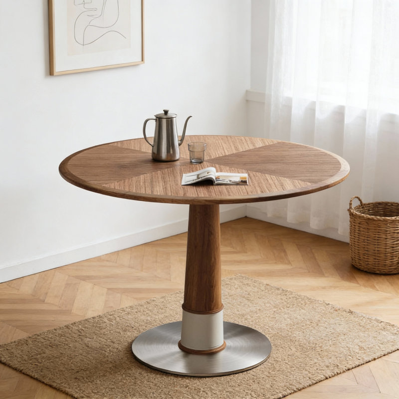 120cm Round Wooden Dining Table | Retro Style Small Space Kitchen & Apartment Table with Metal Base | Seats 4-6,Vintage Brown, 