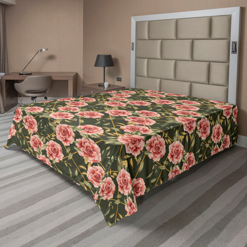 Ambesonne, drap plat floral rétro, art botanique, saumon foncé et brun ardoise, Drap plat pour très grand lit californien
