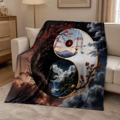 Plaid Yin Yang Cascade Arbre, motif paysage serein Yin Yang Cascade Arbre, ultra doux, léger, respirant, toutes saisons, agréable pour la peau, lavable à la machine, décoratif, pour canapé, fauteuil, salon et chambre