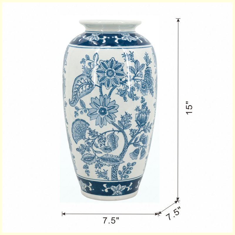 Vase en porcelaine 7,5 x 15 pouces avec motifs floraux bleus et blancs, grand vase décoratif