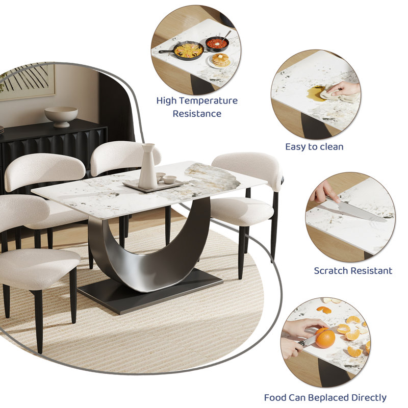 Table de salle à manger rectangulaire moderne en pierre frittée avec base piédestal, H 29,21 po x L 55,11 po x l 31,5 po