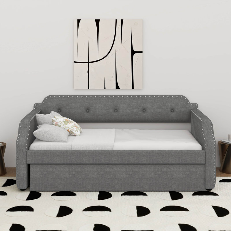 Twin Size Upholstered Daybed With Trundle, Gray