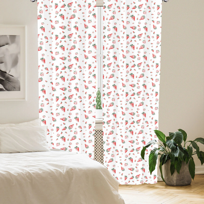 Strawberry Print Semi-Sheer White Microfiber Curtain Panels, 28" x 63" Set of 2