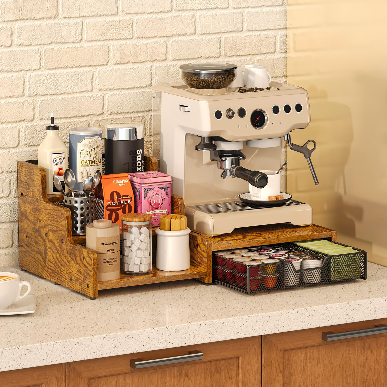Runbang Coffee Station Organizer With K Cup Holder, 28 Pod Capacity,3-Tier Syrup Rack With Coffee Pod Holder Drawer, Coffee Bar Organizer Countertop For Accessories,Rustic Brown | Wayfair