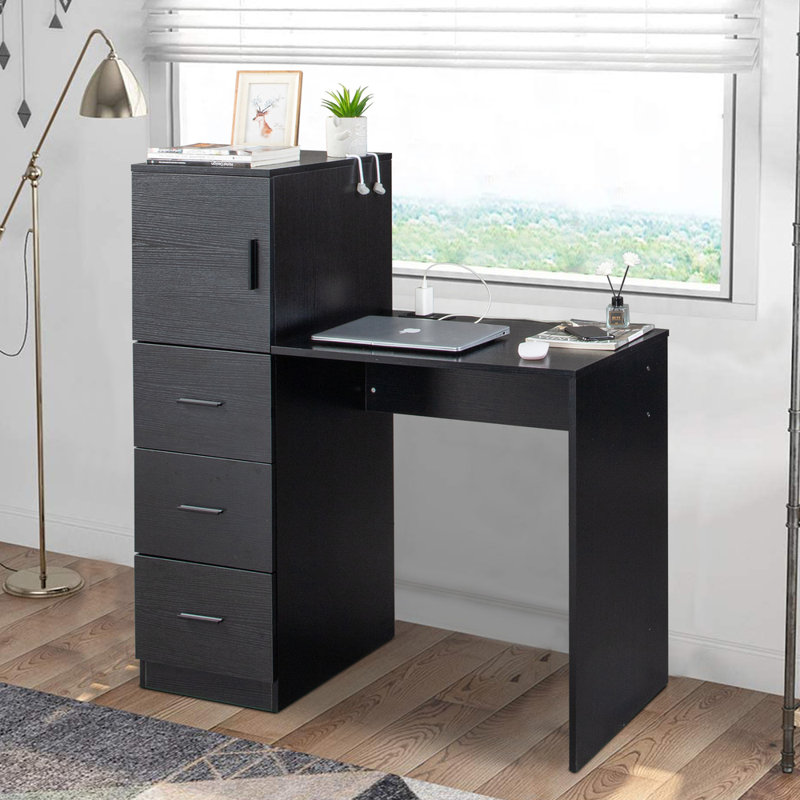 44” Black Office Desk with Cabinet & 3 Drawers Computer Desk Power Outlet and USB Ports, Black
