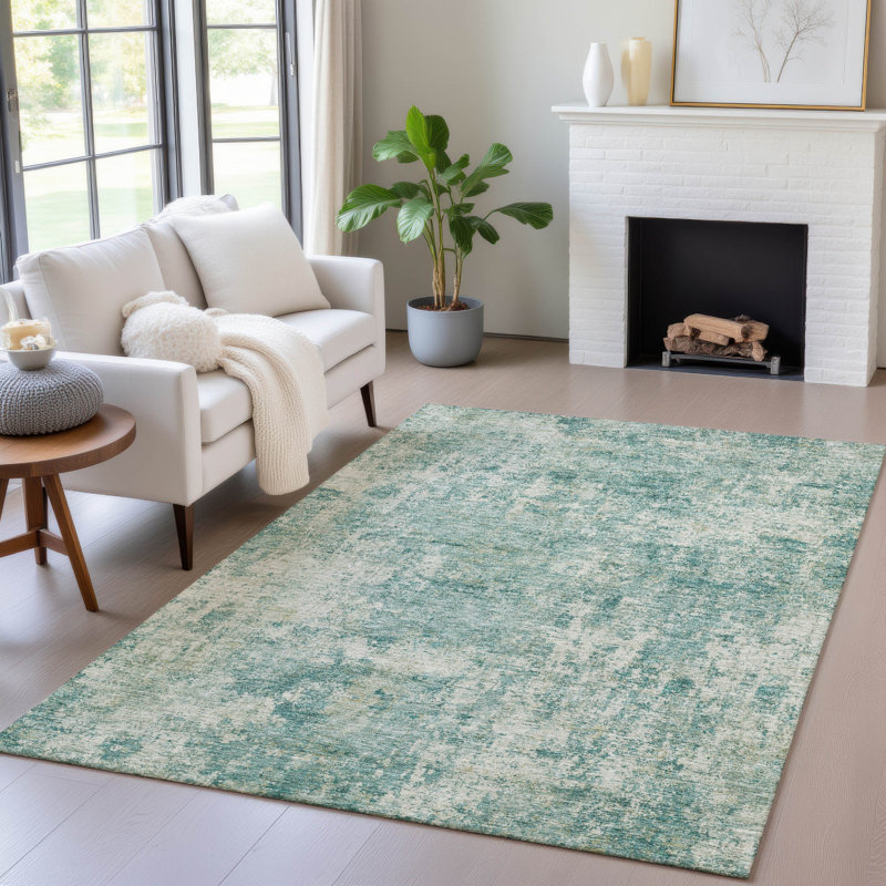 Tapis bleu sarcelle lavable à la machine intérieur / extérieur Xhevrie, Rectangle 10 pi x 14 pi
