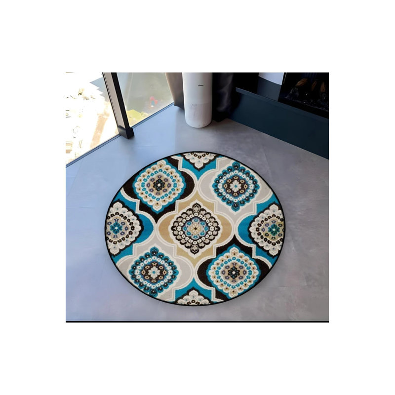 Beige Blue Ethnic Detailed Woven Base Modern Decorative Carpet, Round 2'8"