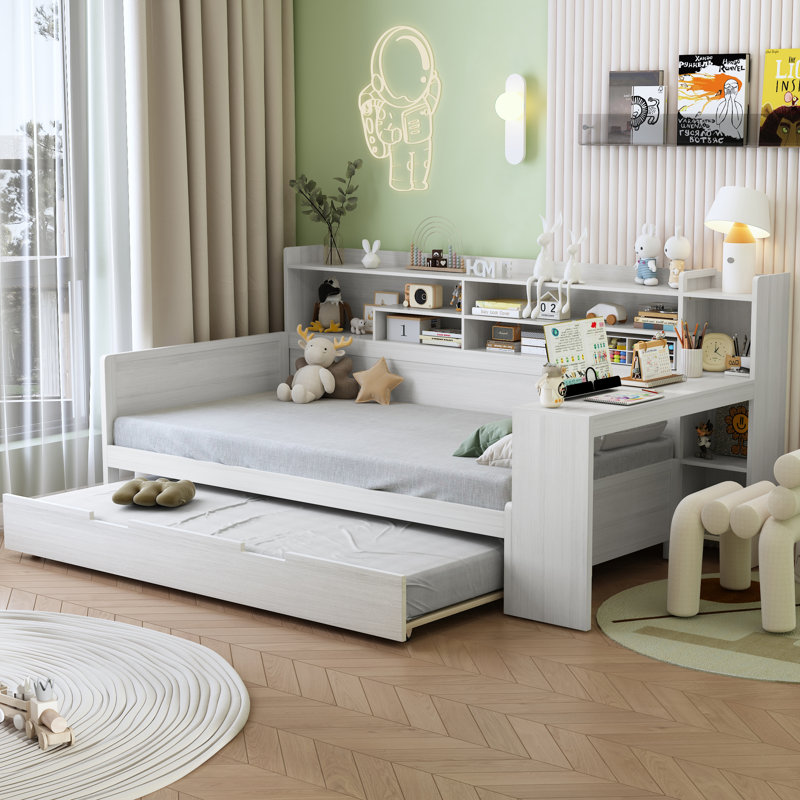 Lit de jour en bois avec tablettes de rangement, lit multifonctionnel avec lit gigogne et bureau, Blanc antique, Lit simple