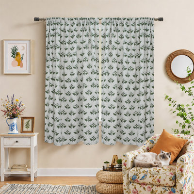 Artisan Handmade Block Print Curtain Green,White Floral Linen Window Drapes – Chahat