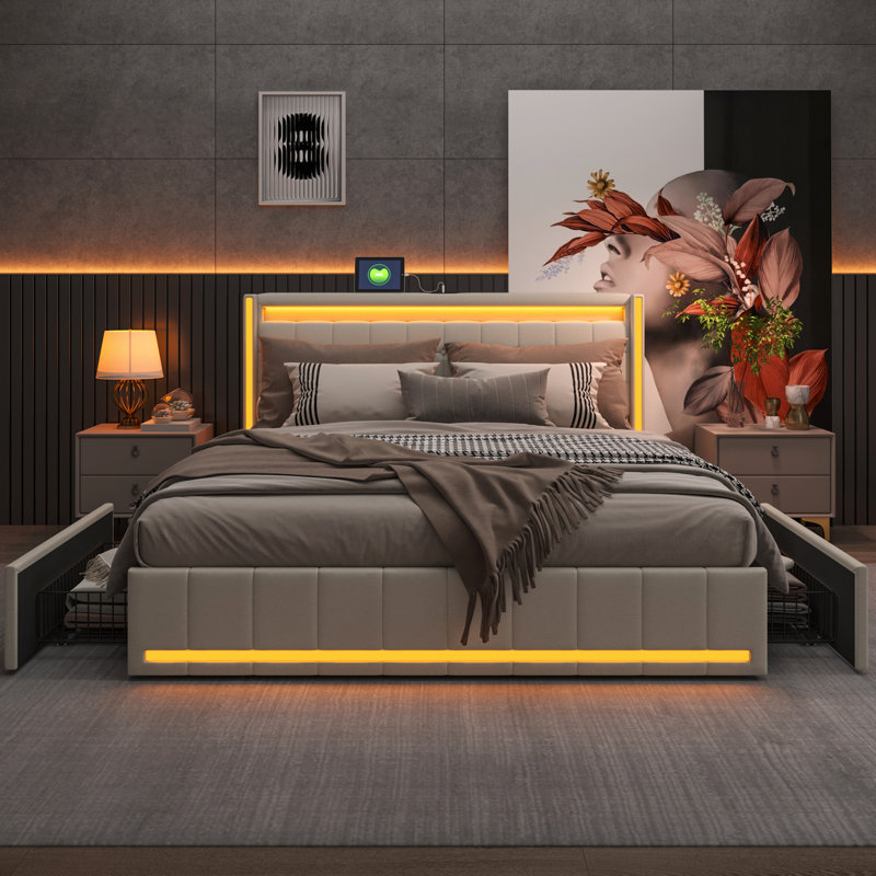 Upholstered Storage Bed, Beige, King (168 x 213 cm)
