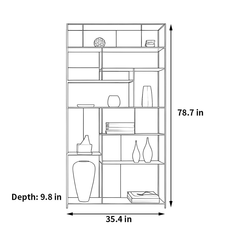 Bibliothèque simple, élégante et stylée, (8 tablettes) H 78,7 po x l 35,4 po x P 9,8 po, Noir