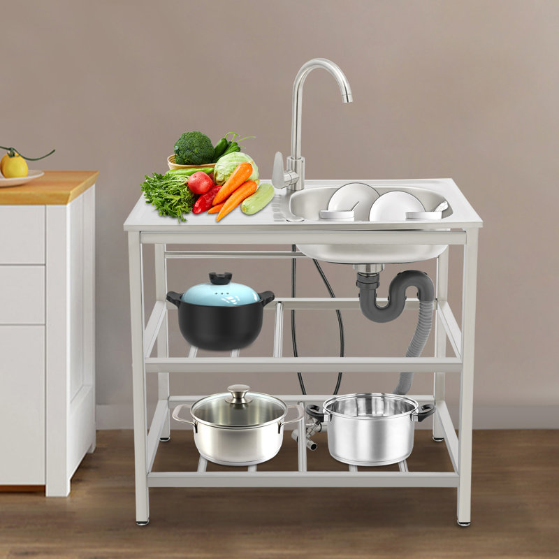 Freestanding Stainless Steel Kitchen Sink With Hot And Cold Water Faucet