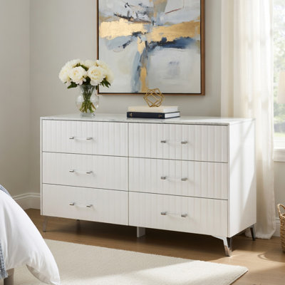 Cyna Wide Dresser, Faux Marble Top, 6 Drawers, Textured Front, White