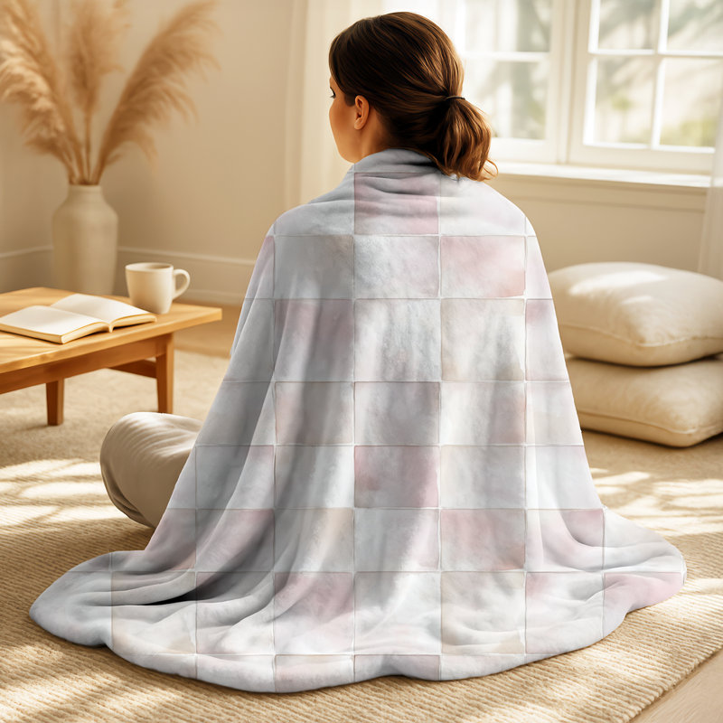 Jeté rose et blanc avec grille à carreaux, jeté en peluche contemporain