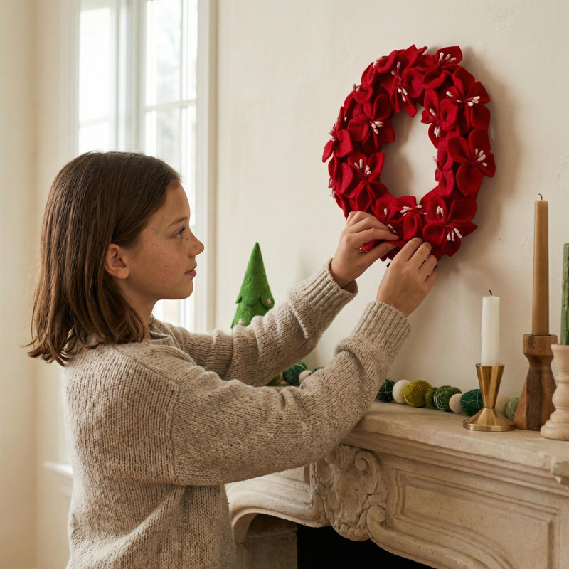 Handmade Hand Felted Wool Wreath - Cream Amaryllis Flowers - 14", Red