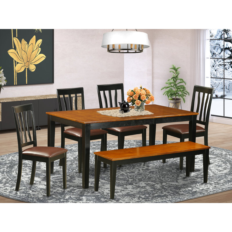 L'ensemble de table de salle à manger 6 pièces contient une table de salle à manger rectangulaire avec feuille papillon et 4 chaises en similicuir avec banc, noir et cerise