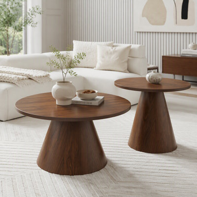 Round Nesting Coffee Table Set of 2, Modern Walnut Wood Side Tables with Water-Resistant Top