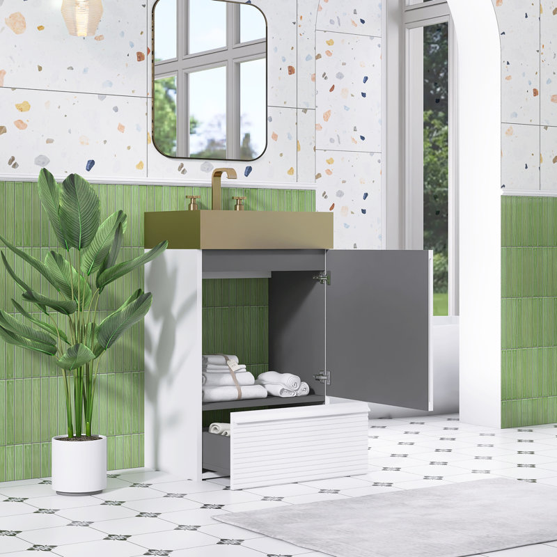 Meuble-lavabo autoportant de 20,1 po avec plateau en acier inoxydable, Matte White