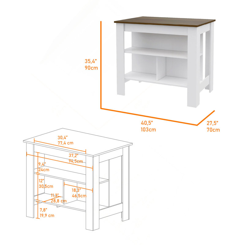 Îlot de cuisine, quatre pieds, trois tablettes, Brown/White, H 27,5 po x l 27,5 po x P 40,5 po