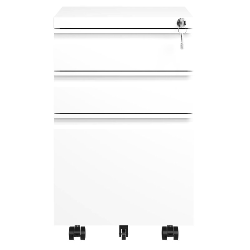 Classeur verrouillable 3 tiroirs White Office Rangement en métal entièrement assemblé. Convient aux lettres / au format légal / A4. Contenant de documents sécurisé. Les tiroirs contiennent un plateau à crayons amovible. Rouler en douceur sur 5 roues.