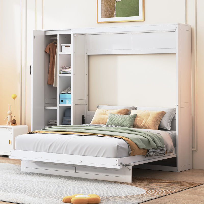 Grand lit mural blanc avec tablettes, garde-robe et lumières à DEL, pliable pour une utilisation multiple dans une petite chambre d'amis, appartement approprié