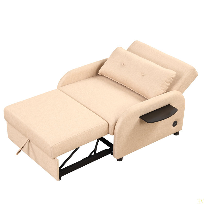 Canapé-lit escamotable 3 en 1 avec 2 tables à oreilles et charge USB pour le salon, la salle de loisirs, Beige