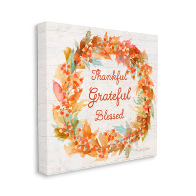 «Autumn Foliage Wreath Thankful Grateful Blessed Text» par Sherri Buck Baldwin - reproduction d'art textuel