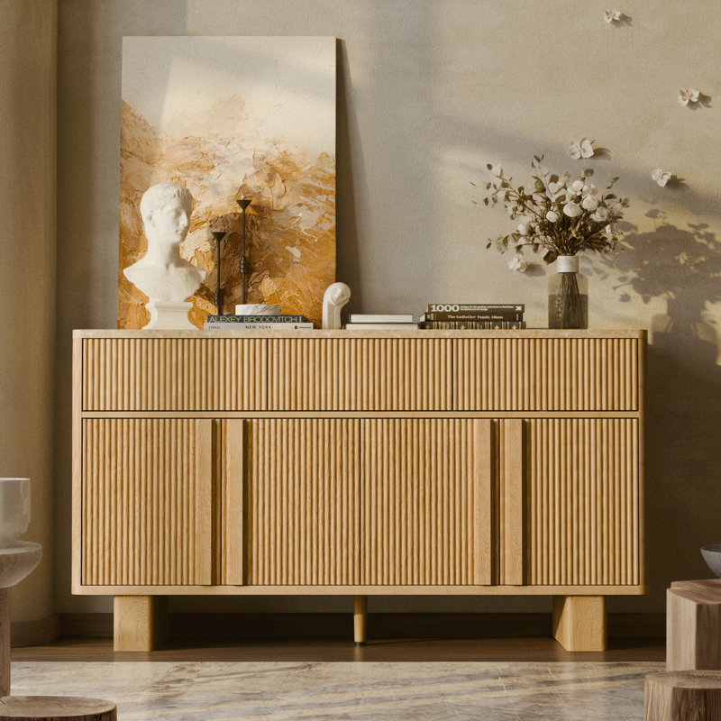 Fluted Buffet Cabinet with 4 Doors & 3 Drawers – Large Sideboard Storage for Living Room, Dining Room & Hallway, Faux Marble Top