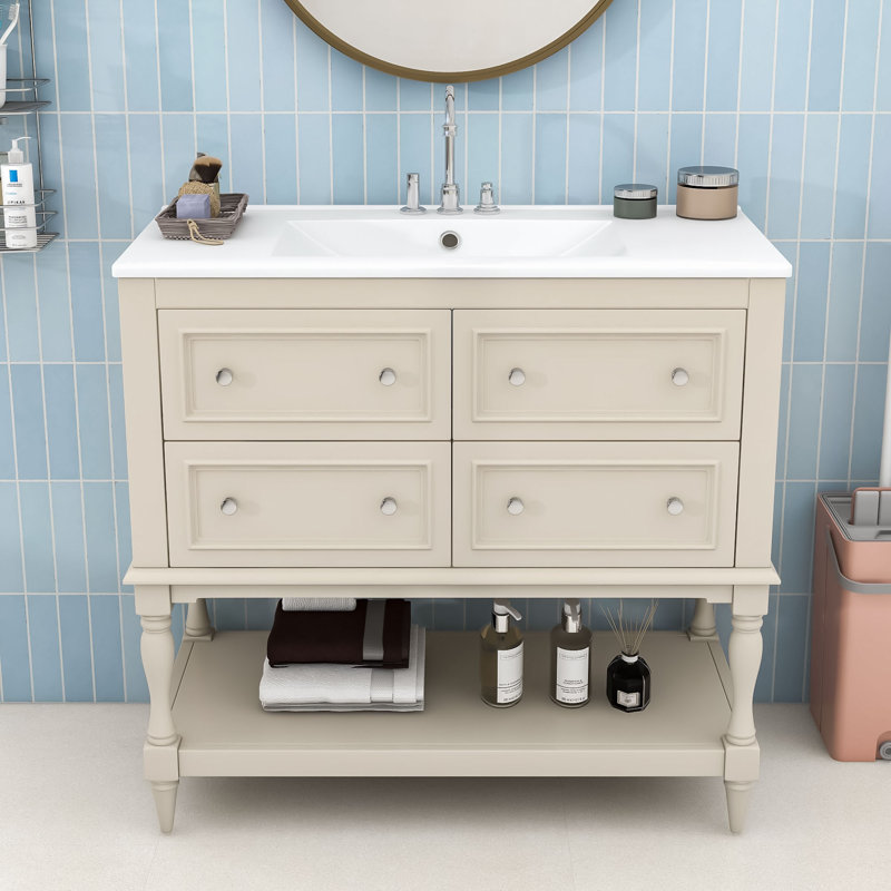 Chiharu Elegant 36-Inch Wood Bathroom Vanity Set with Ceramic Sink and Spacious Storage, Beige