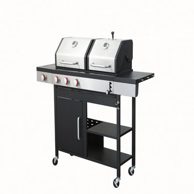 Barbecue au propane à 3 brûleurs avec brûleur latéral, combiné à un barbecue au charbon, puissance de 37230 BTU avec grilles de cuisson en fonte émaillée pour barbecue extérieur, acier inoxydable