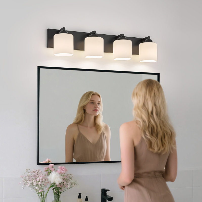 Luminaire de meuble-lavabo de salle de bain avec abat-jour en verre opale, Noir mat, 4
