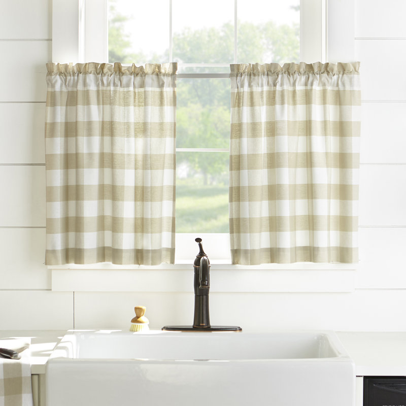 Skookum Cotton Striped Tailored Cafe Curtain, 30" W x 24" L, Tan/White