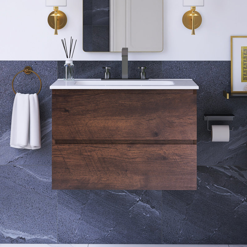 30 In. W Single Sink Wall Mounted Bath Vanity, Walnut