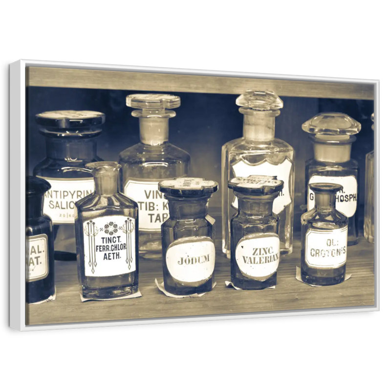 Bouteilles de pharmacie rétro, Cadre flottant blanc, 43 po x 29 po