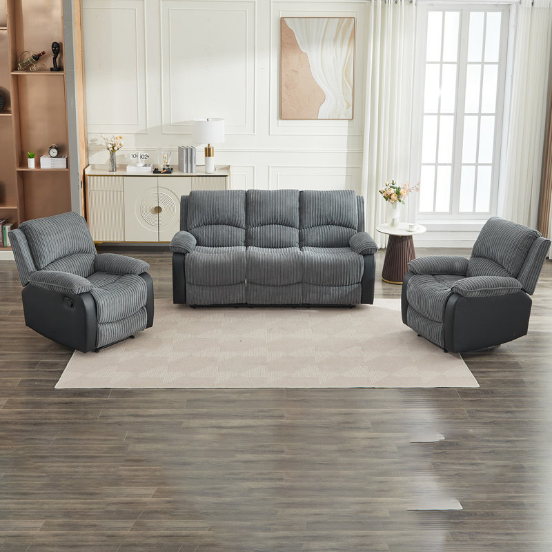 Reclining Sofa Sectional Recliner Plush Corduroy Couches Set Sofa, Manual - Push Button