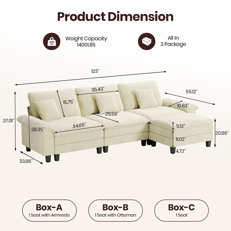 123'' Cloud Modular Couch Sofa, Oversized 3 Seat Comfy Sofa For Living Room, Sectional Couches With Ottoman, Detachable Seat Cushion & Backrest Cover, Chenille Fabric Beige