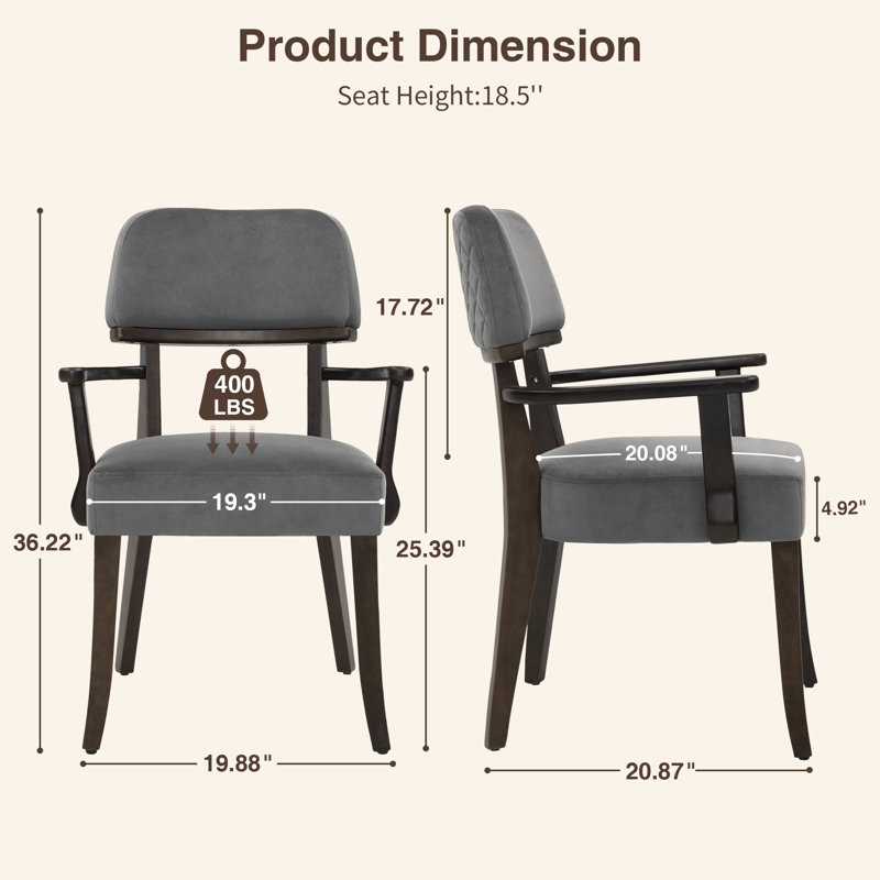 Modern Upholstered Solid Wood Dining Chair With Arms, Dark Gray Velvet