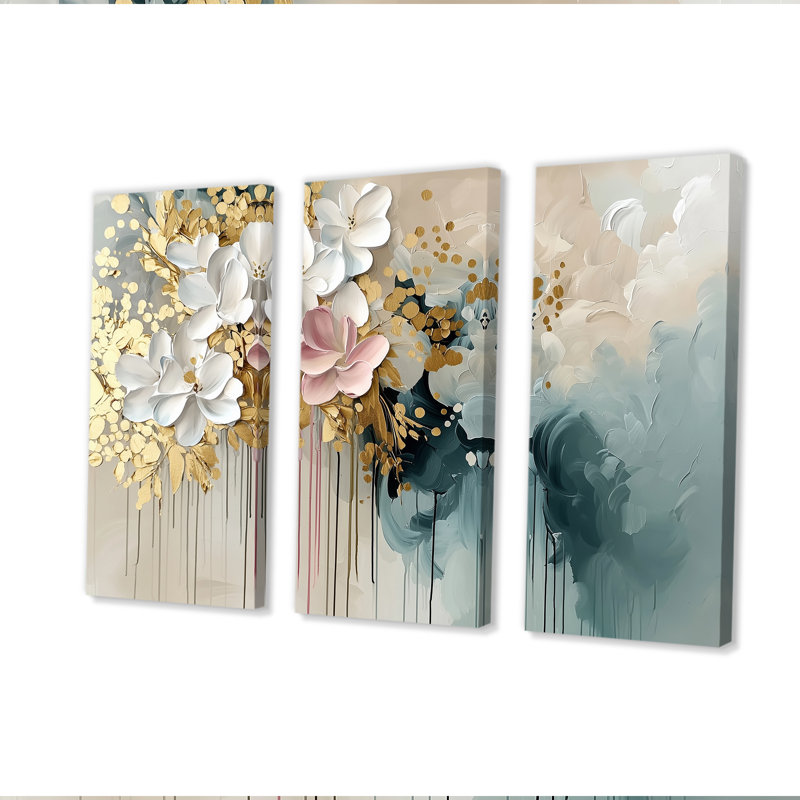 Ensemble de salon art floral doré coup de pinceau abstrait, H 28 po x l 36 po x P 1 po, Toile tendue