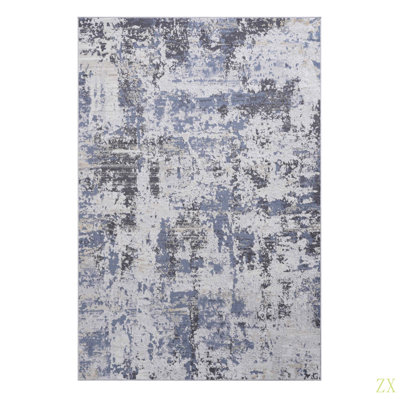 Tapis abstrait 8 x 10 denim / abstrait résistant aux taches, sans perte de poils, idéal pour le salon, la chambre à coucher, la salle à manger et les endroits très passants